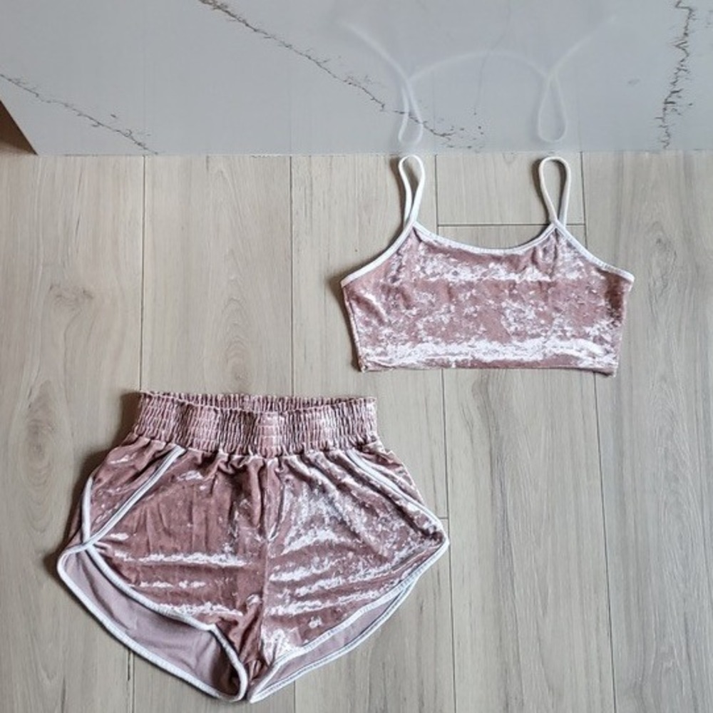 Velvet Shorts Crop Top Set Womens Small Pink Crushed Lounge Wear